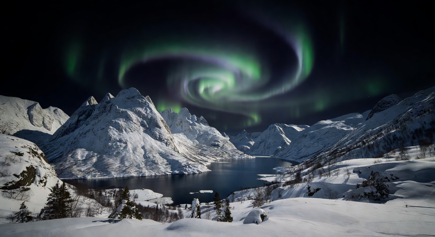 Snowy dark Norwegian landscape at night